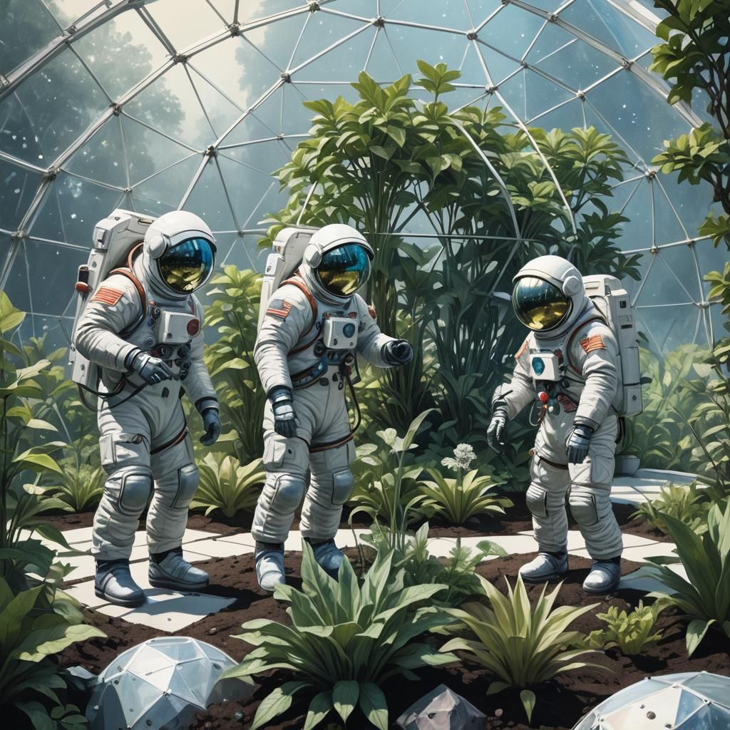 Lunar Garden: Astronauts in Geodesic Dome, Sci-Fi Art