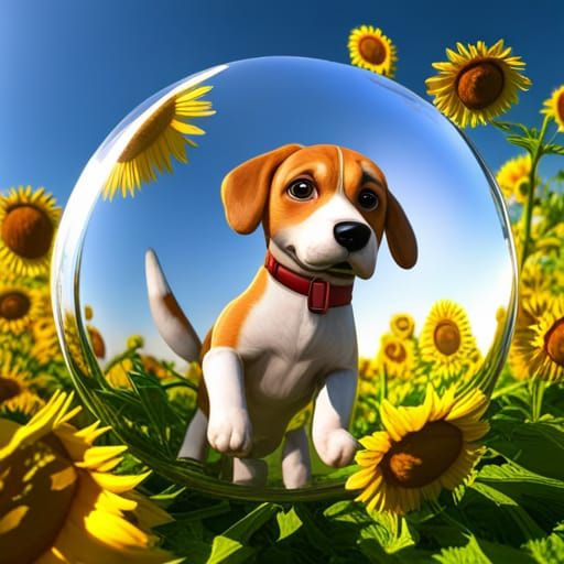 Puppy in Sunflowers Reflected in Glass, 3D Render