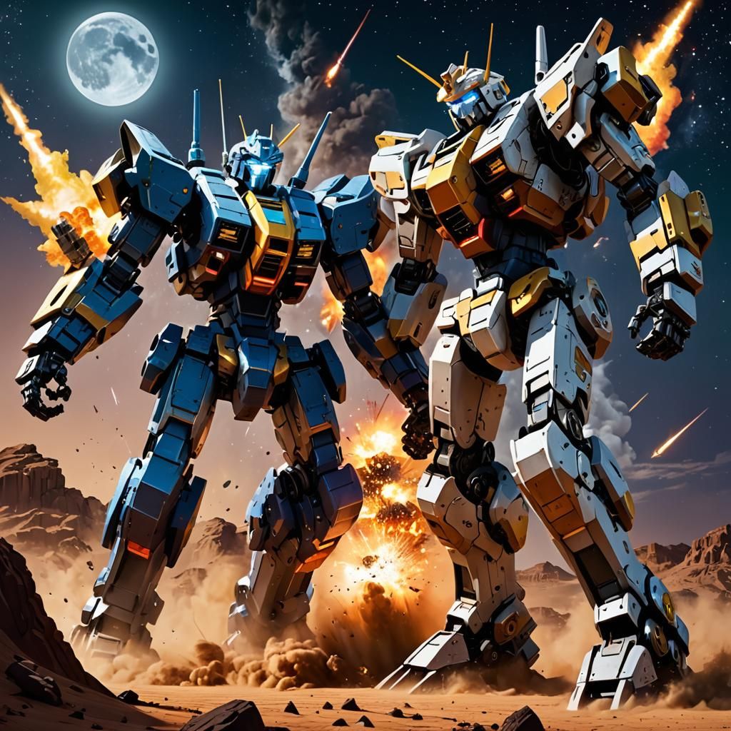 Dynamic Mecha Duel Under Desert Moonlight