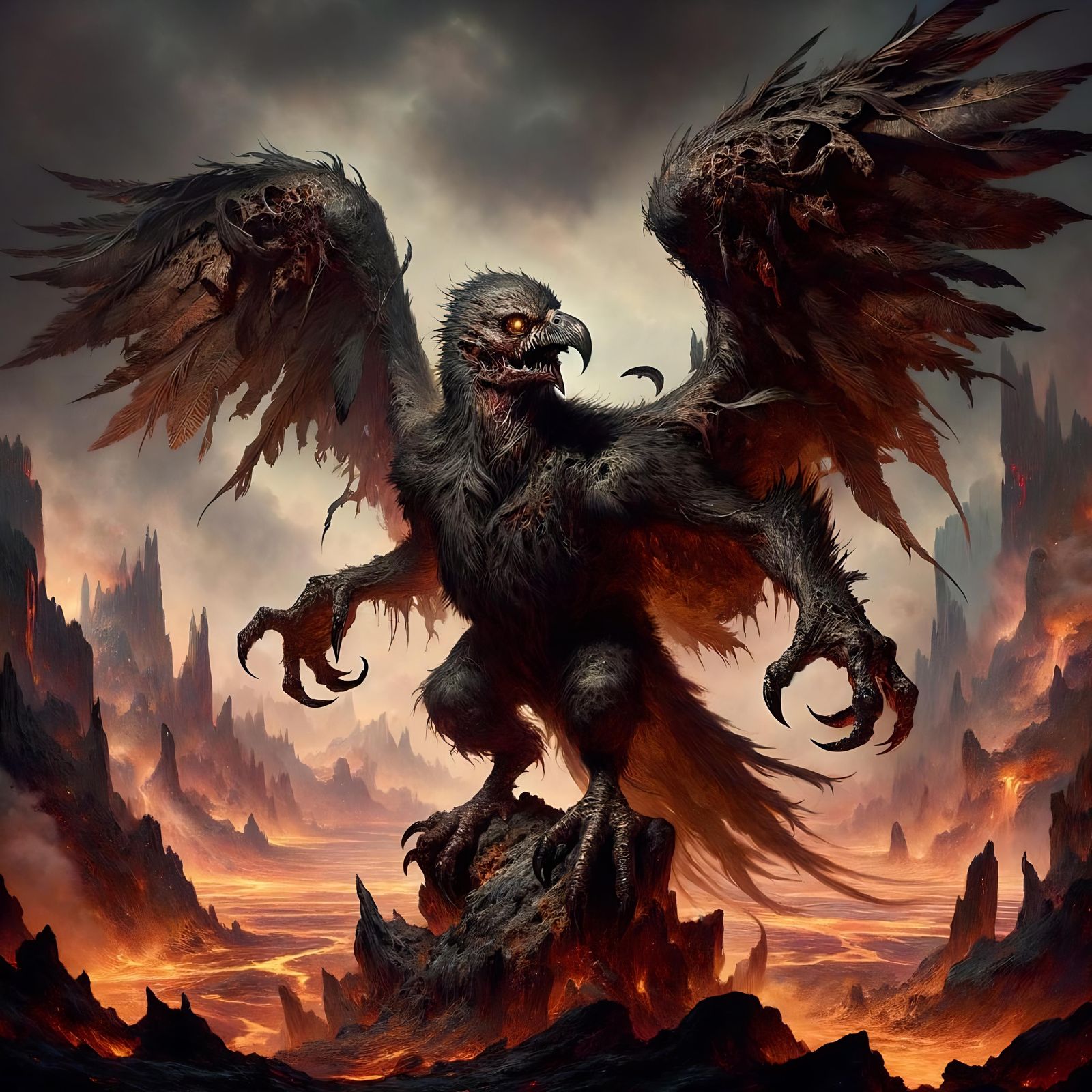 Demonic Vulture Creature in Infernal Landscape