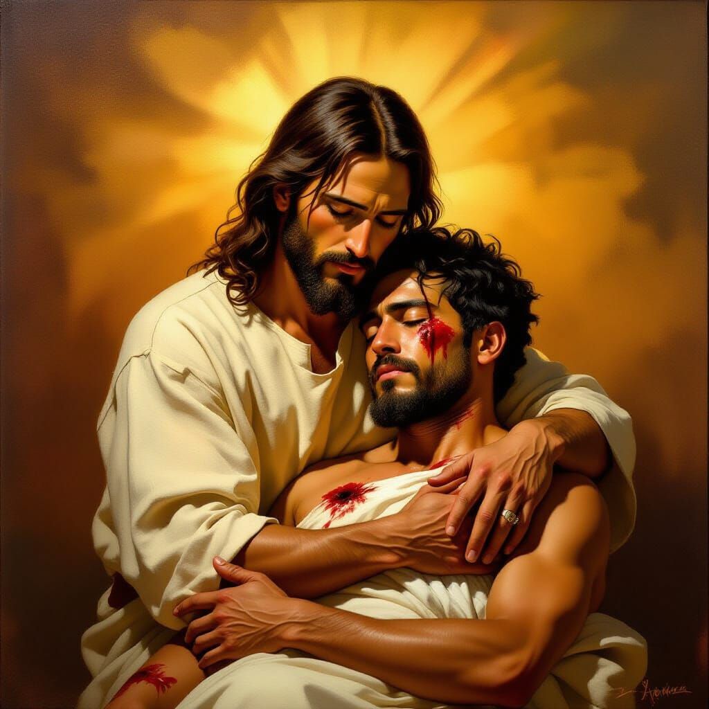 Compassionate Jesus Cradles Wounded Man: Velazquez Style