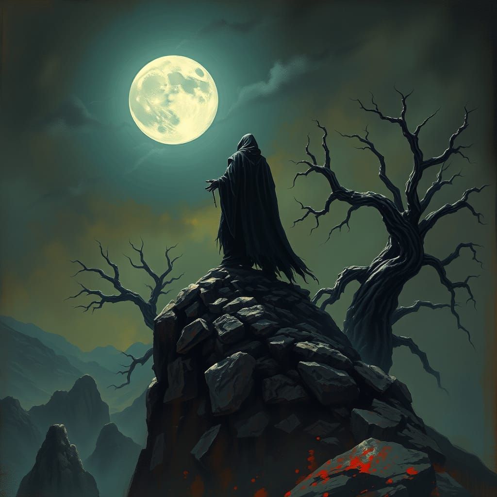 Dark Figure Stands at Edge of Abyss Under Full Moon