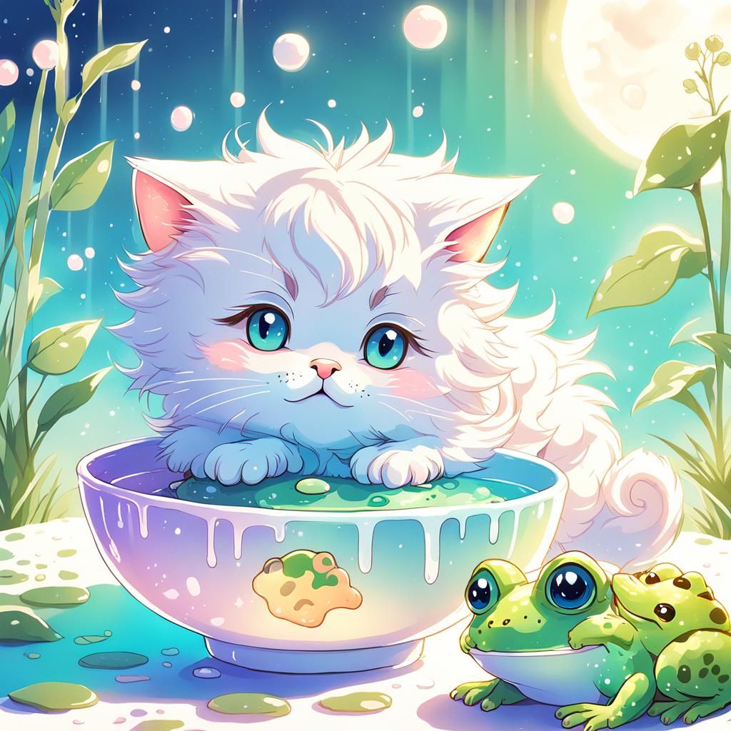 Cute Anime Kitten and Frog in Whimsical Dreamland