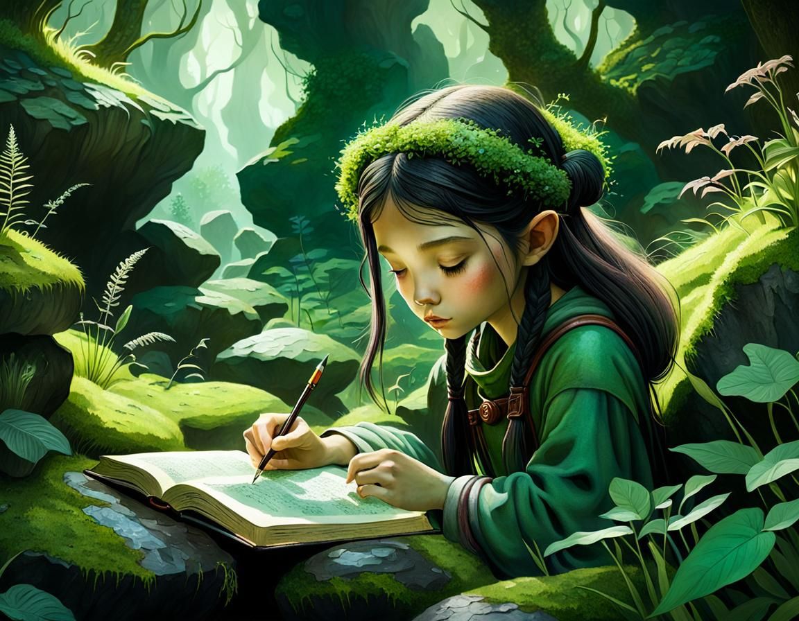 Mythical Girl Studies Outdoors in Vibrant Fantasy Art