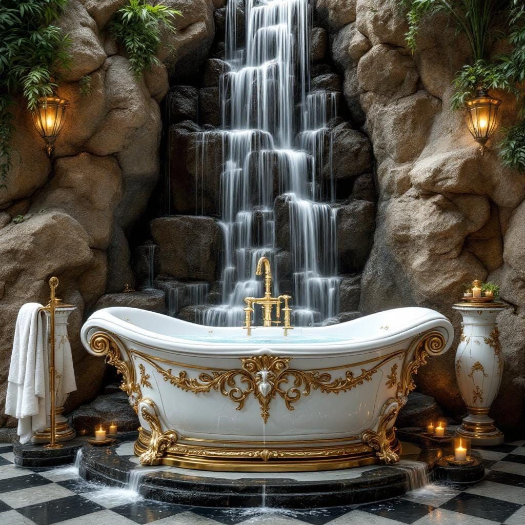 10 bathroom scene unfold before the viewers eyes. A grand ornate top sit center stage, elegantly being filled with casca...