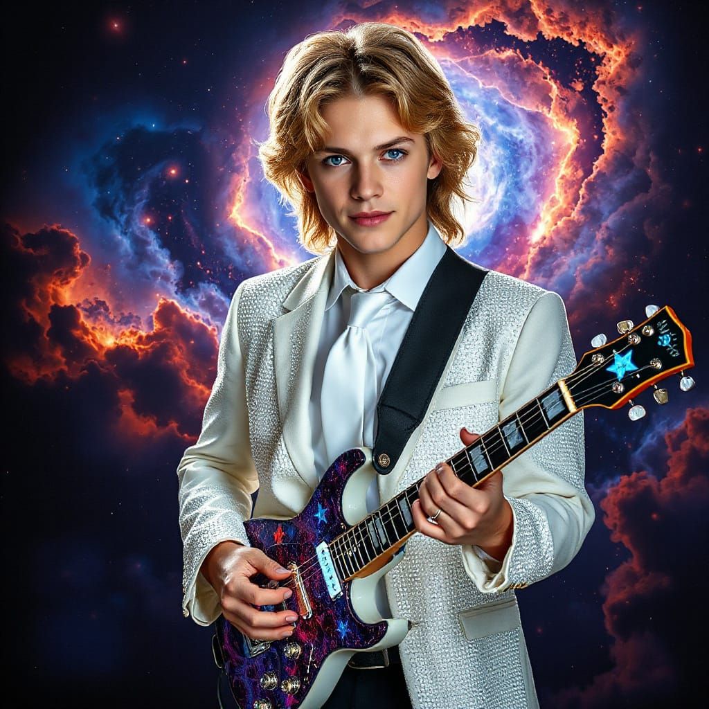 Glowing Rock God Shines Bright in Cosmic Rockstar Scene