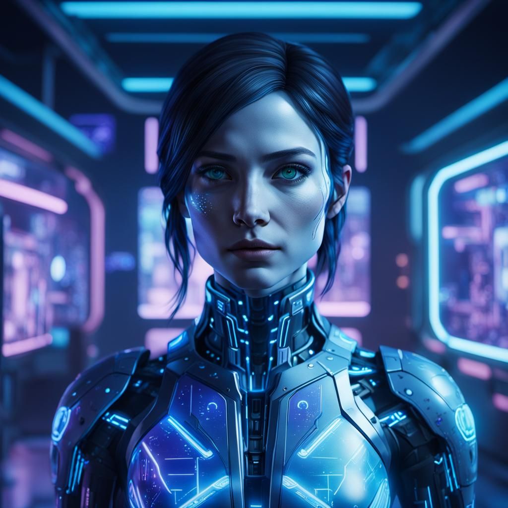 Hyperrealistic Cortana in Futuristic Laboratory