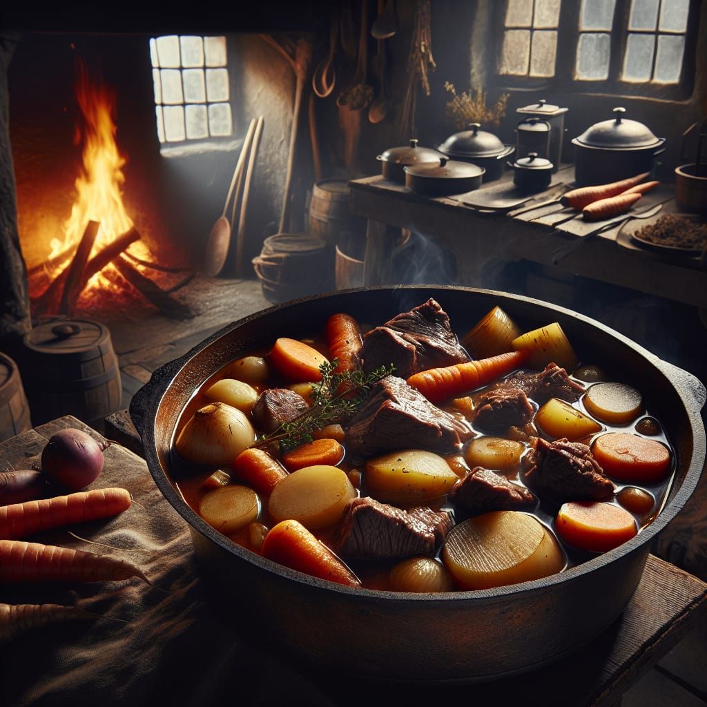 Medieval Beef Stew Simmering Over Open Fire
