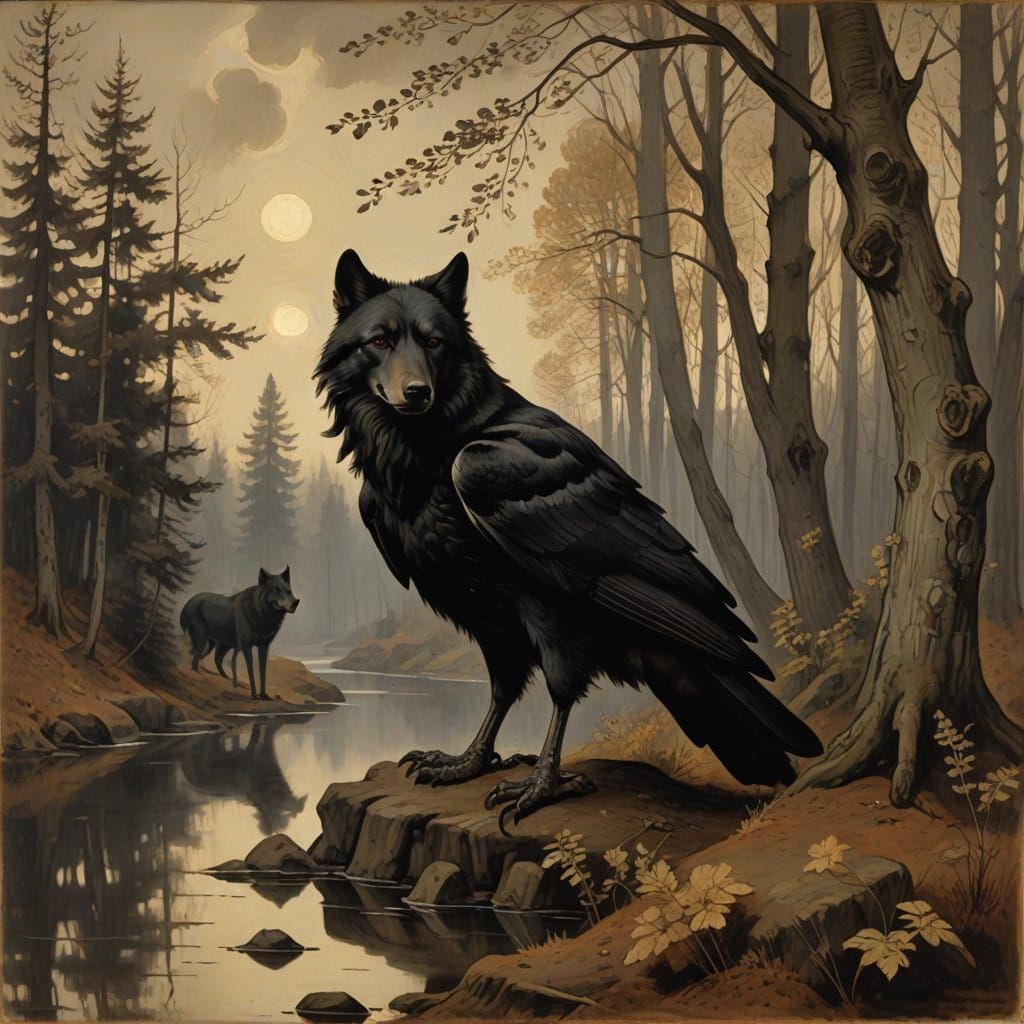 Baroque Winter Landscape with Wolves and Crows