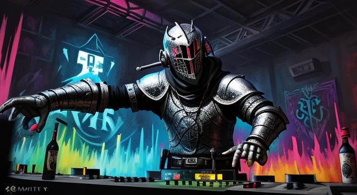 Medieval Knight DJ in Graffiti Art Nightclub