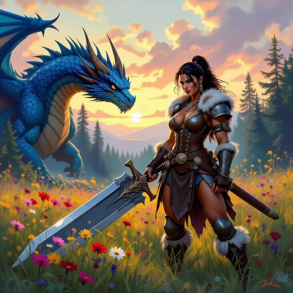 Barbarian and Dragon in Wildflower Meadow