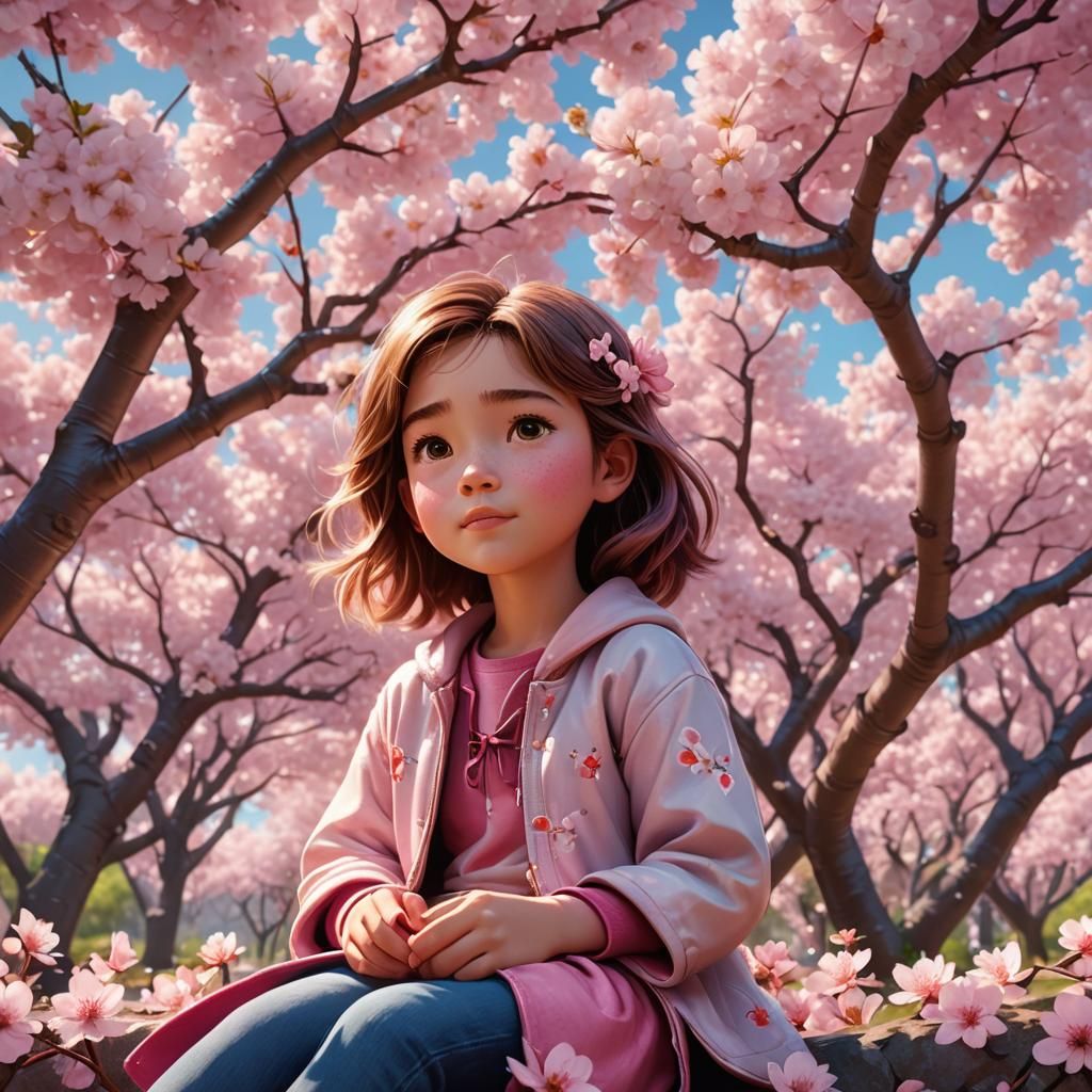 Girl Under Cherry Trees: 3D Digital Art