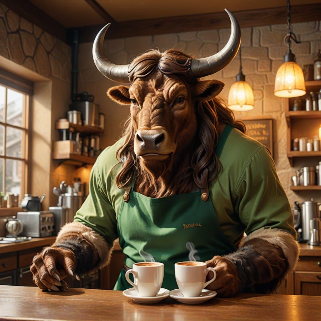Minotaur Barista Serving Coffee in Cozy Cafe