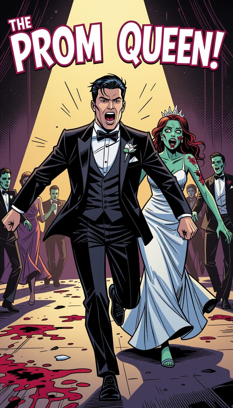 Prom King Flees Zombie Queen in Comic Art Style
