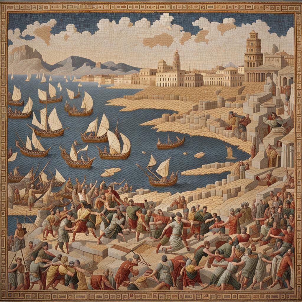 Heroic Sea Battle in Mosaic Style