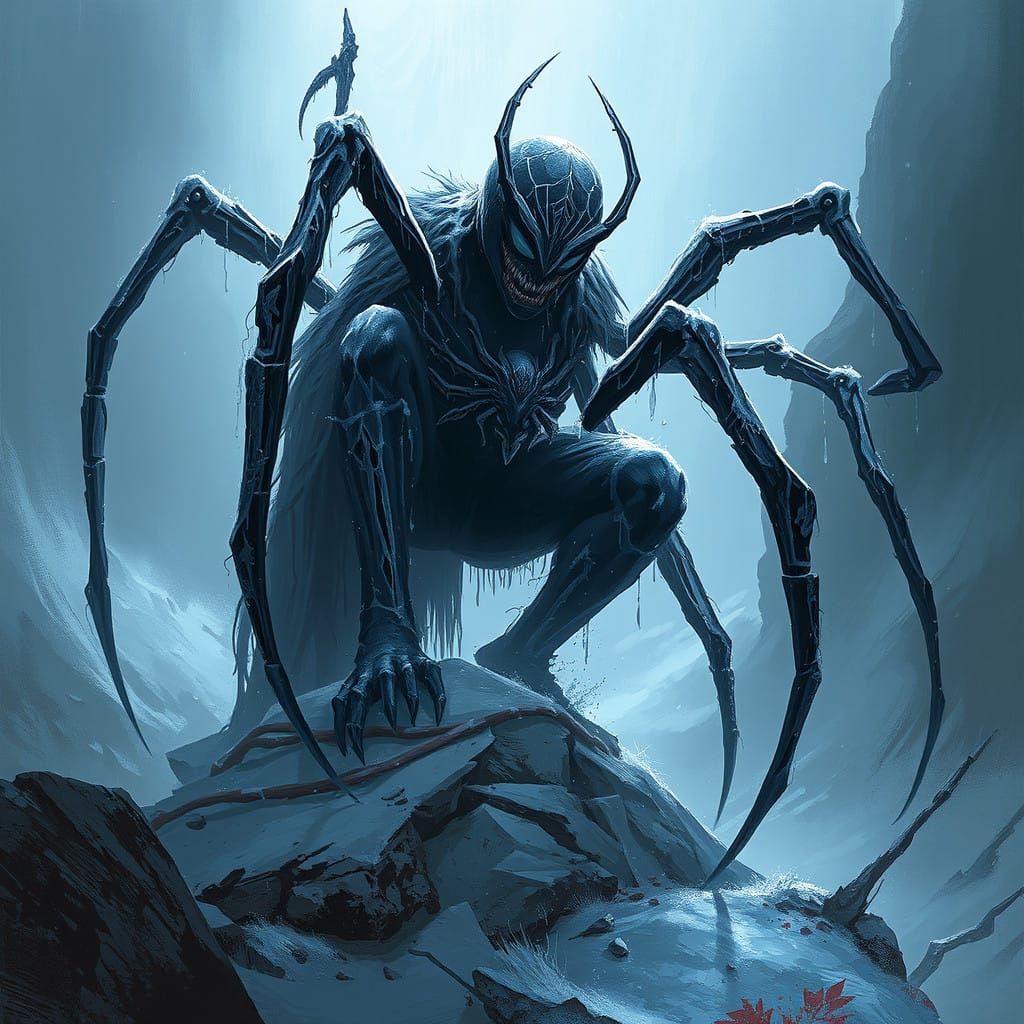 Frost Giantess Fights Black Widow Spider in a Dark Realm