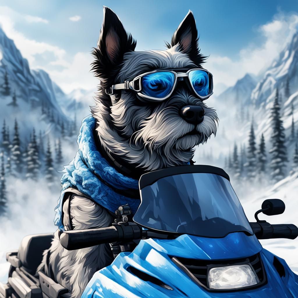 Schnauzer on Snowmobile in Cinematic Style