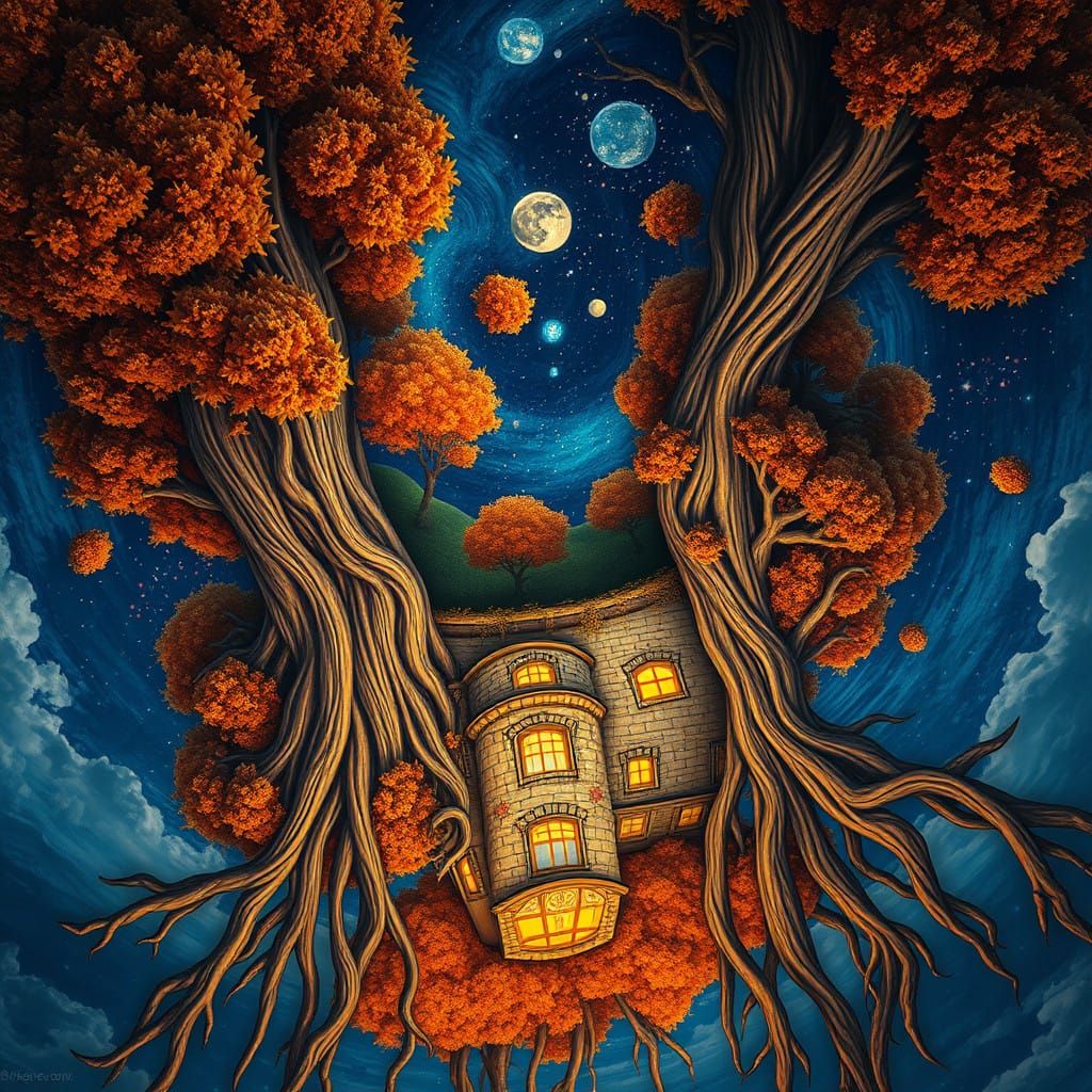 Upside-Down Fantasy World in Vibrant Starry Night Colors