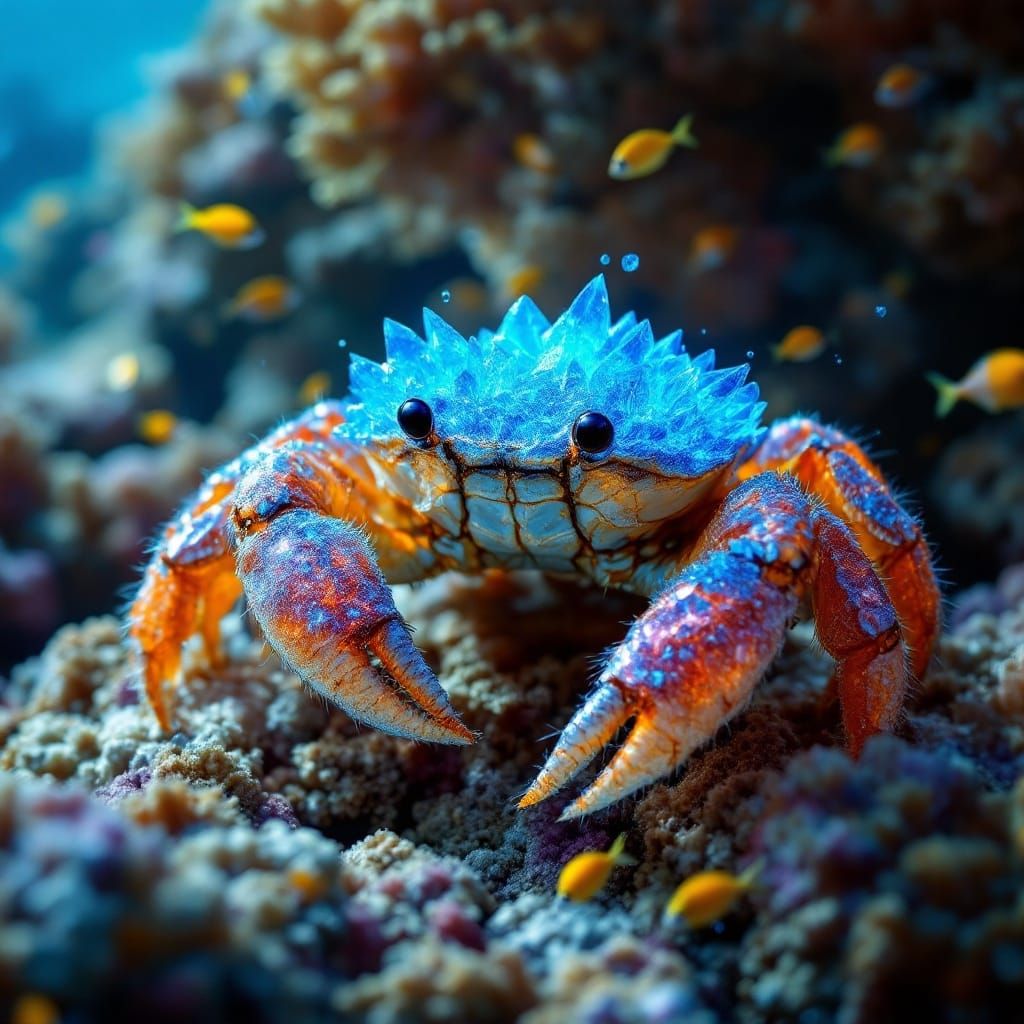 Crab Illuminated by Glowing Ice Crystals in Underwater Reef....