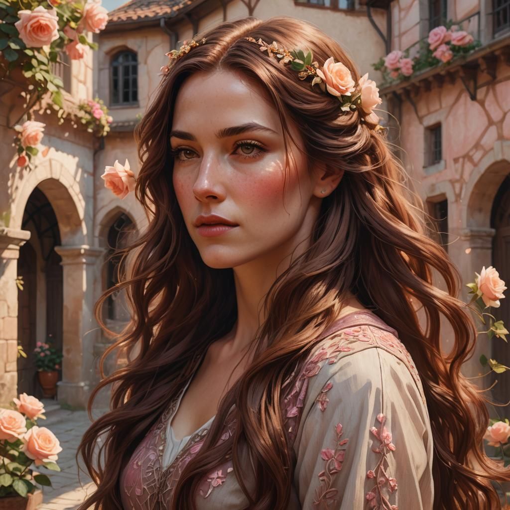 Woman in Courtyard with Rose Petals: Fantasy Art