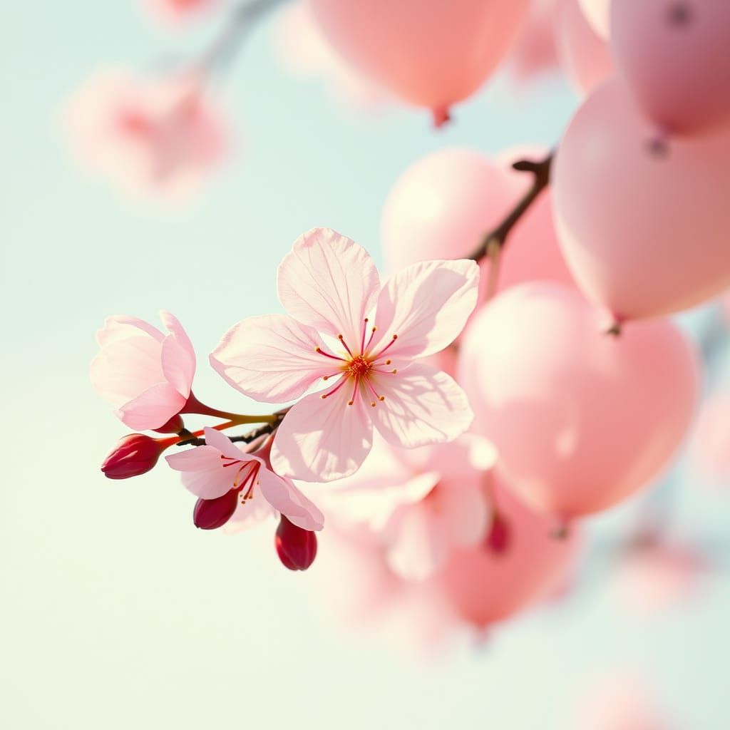 Ethereal Japanese Blossom and Whimsical Heart Balloons