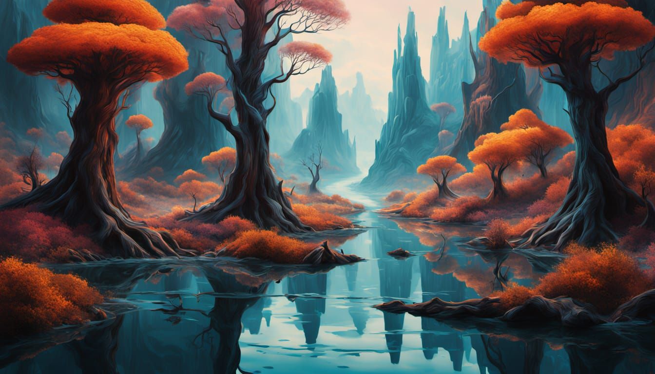 Surreal Oil Painting Landscape in Vibrant, Clashing Colors