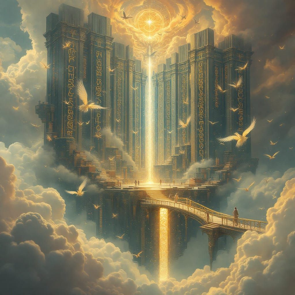 Surreal Floating Library of Glowing Runes and Flying Books