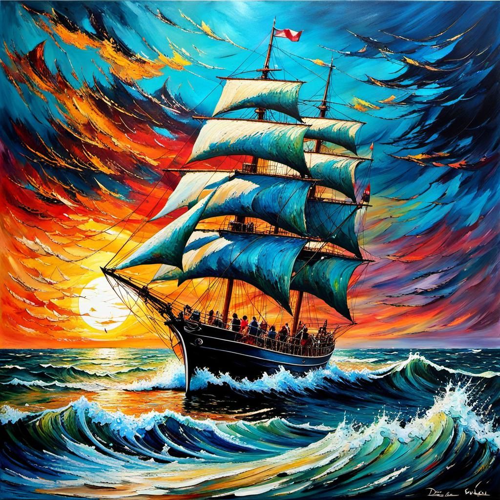 Encaustic Seascape: Sailing Boat in Stormy Sunset