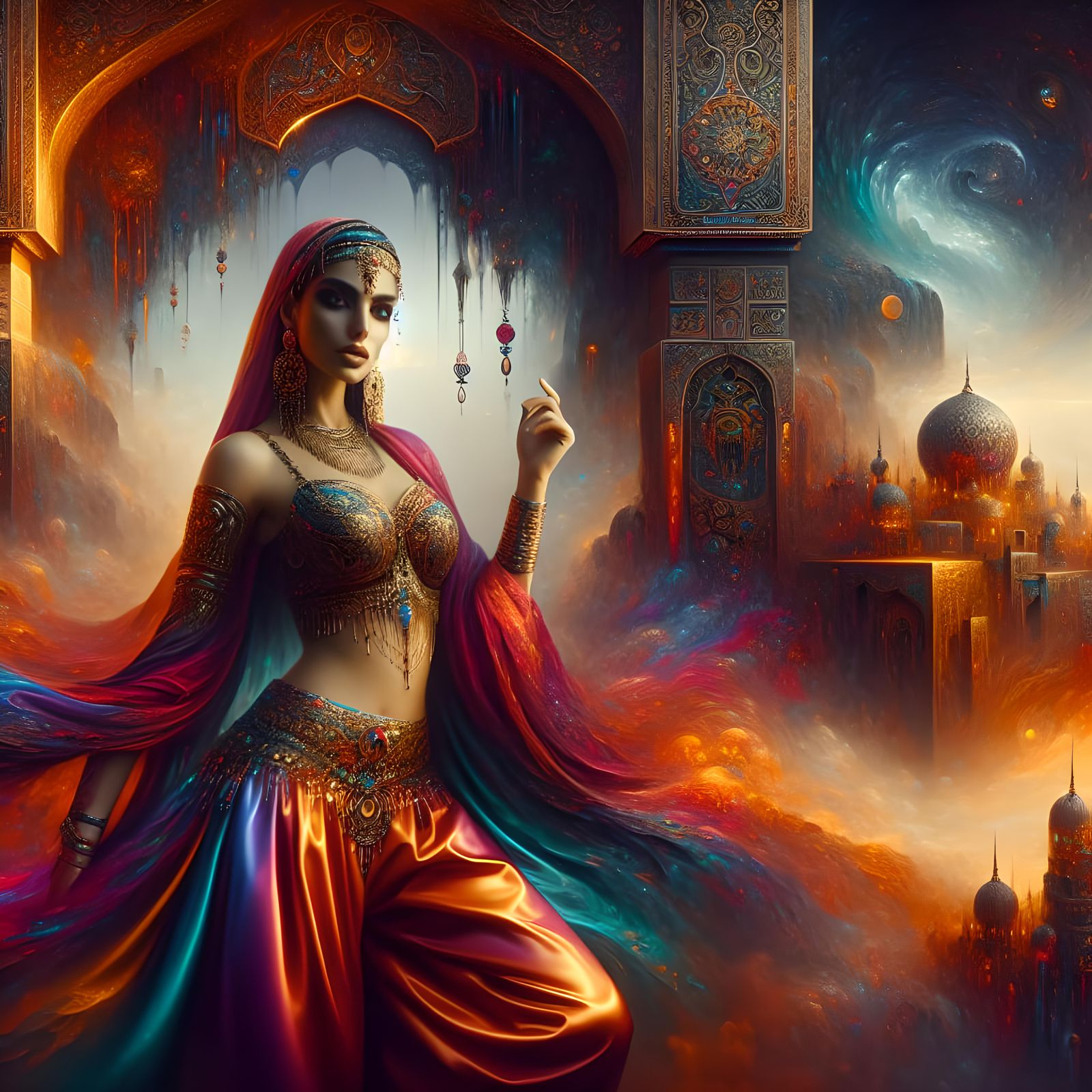 Arabian Nights Woman in Satin Trousers, Matte Painting