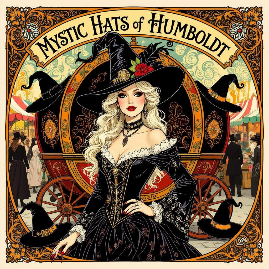 Enchanting Witch with Ornate Hat in Art Nouveau Style