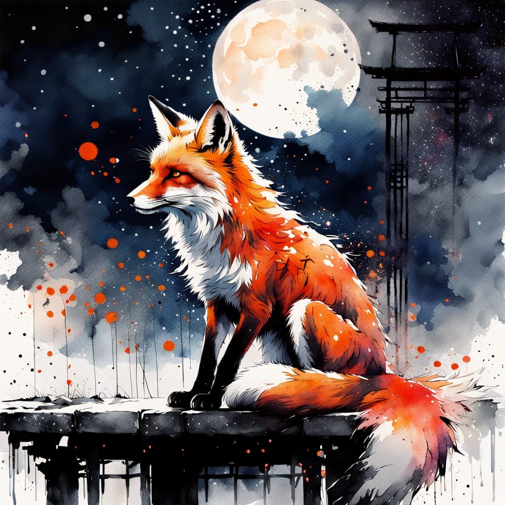 Fox by Torii Gate in Starry Night Watercolor