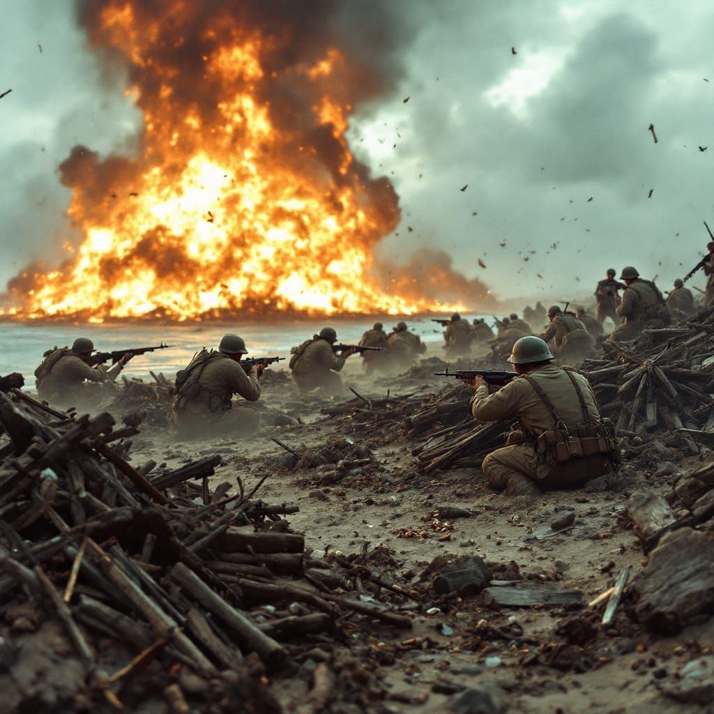Intense WWII Beach Battle Scene in Film Style