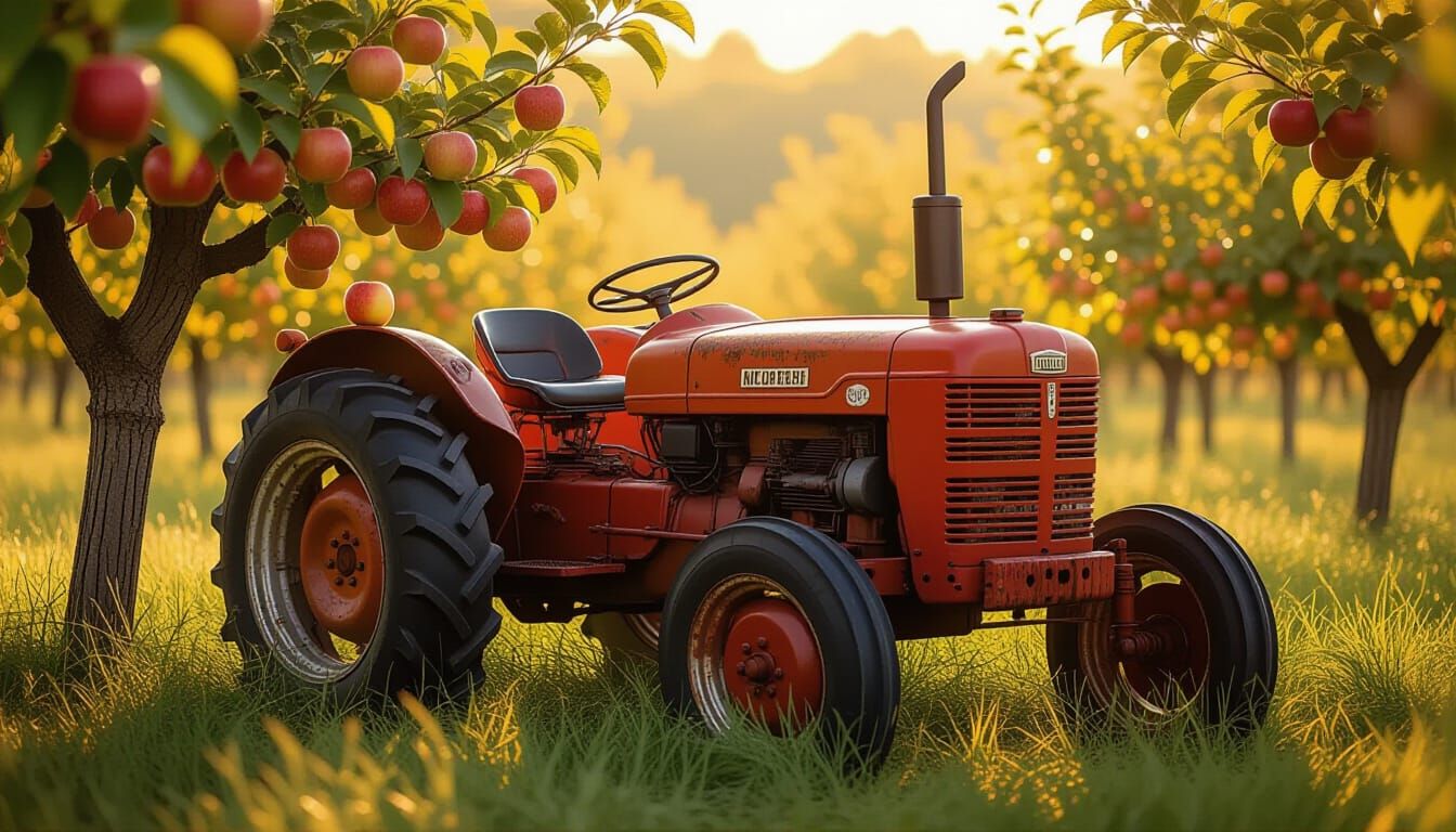 Vintage Tractor in Sunlit Orchard