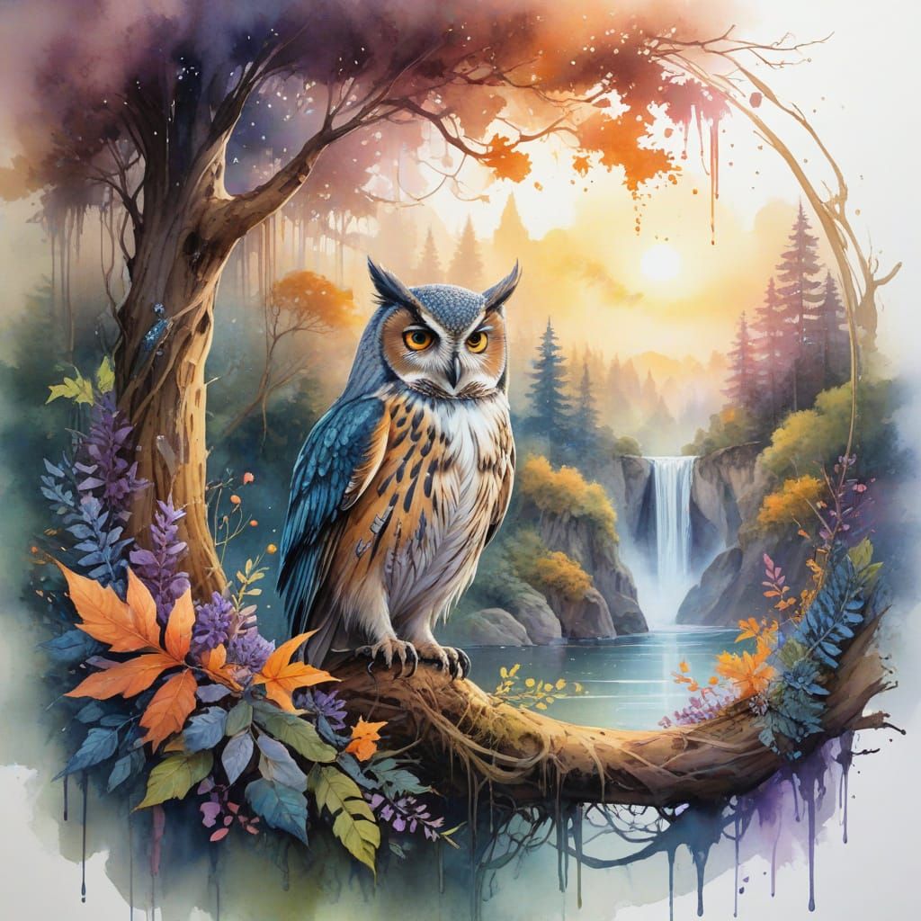 Majestic Owl in Enchanted Forest, a Whimsical Wizard's Realm