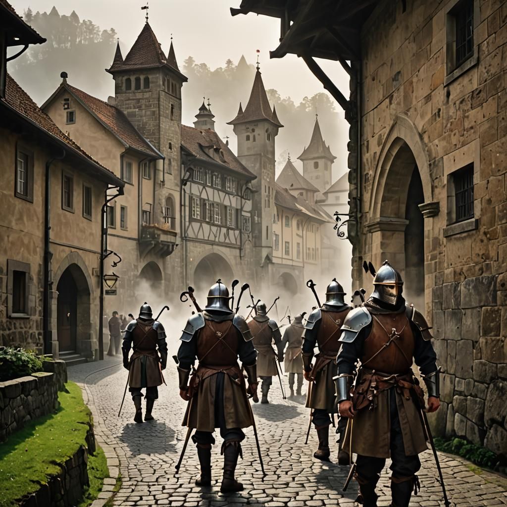 Swiss Crossbowmen Guard Fribourg in Early Morning Fog
