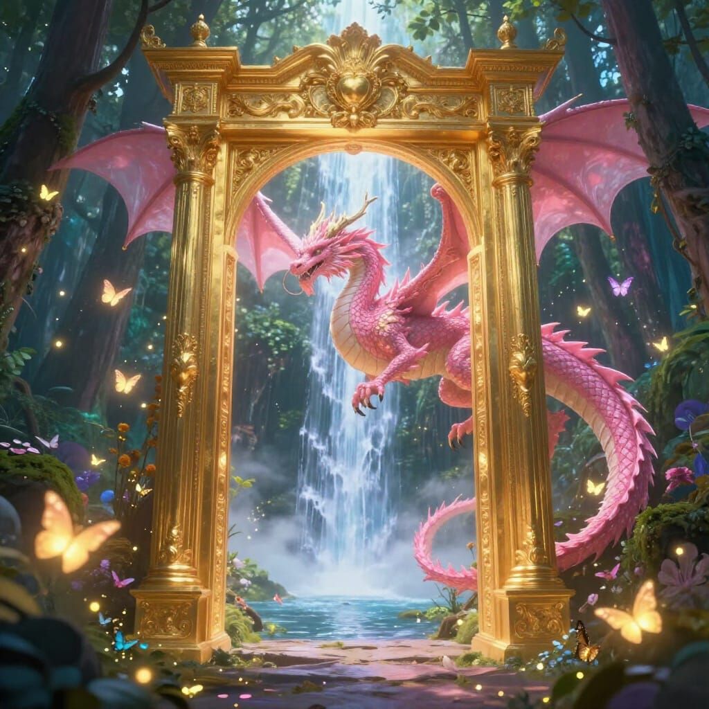 Pink Dragon Emerges From Golden Portal in Enchanted Forest
