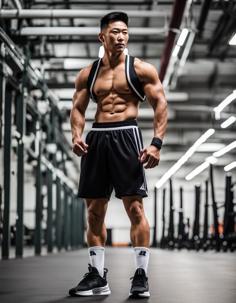 Muscular Asian Man in Socks and Shorts