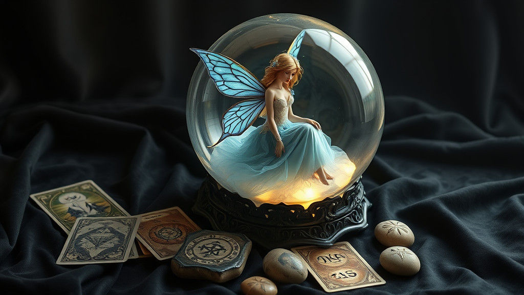 Mystical Fairy in Crystal Ball with Tarot Cards
