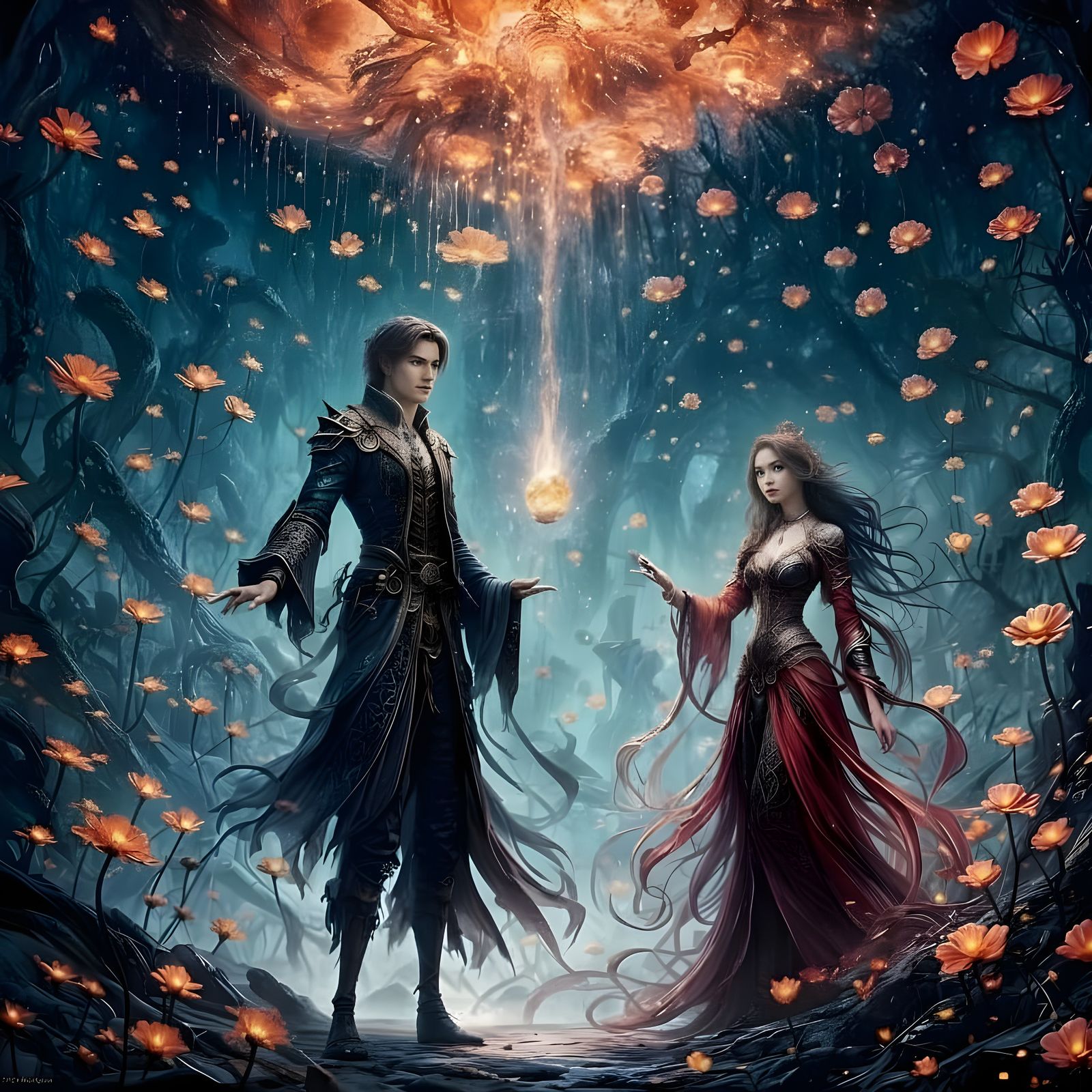 Fantastical Lovers Embrace in Detailed Digital Painting