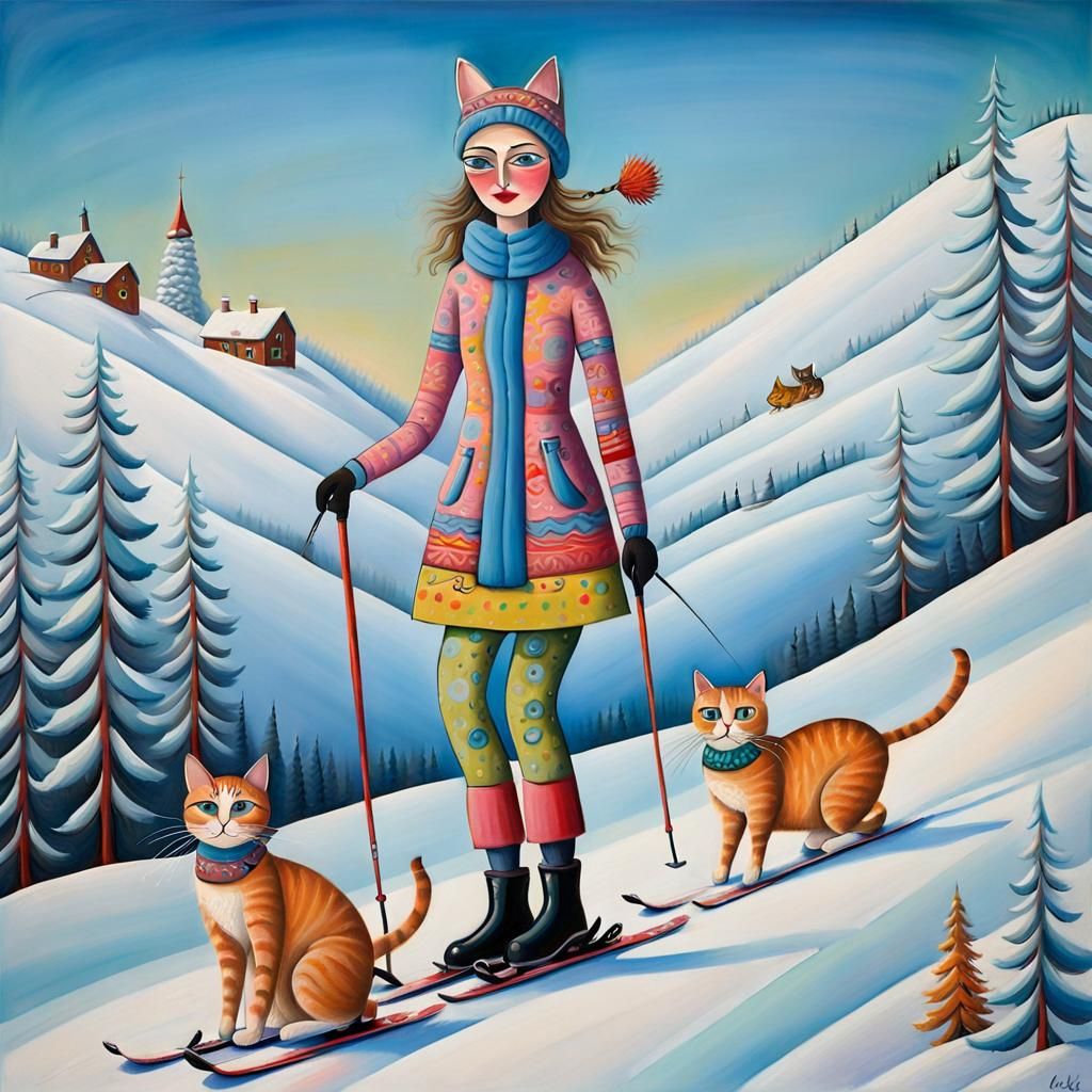 Folk Art: Woman and Cat Skiing Adventure