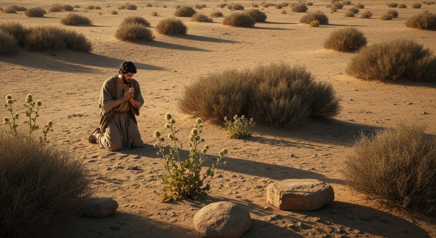 David Praying in Desert Landscape: Cinematic Art