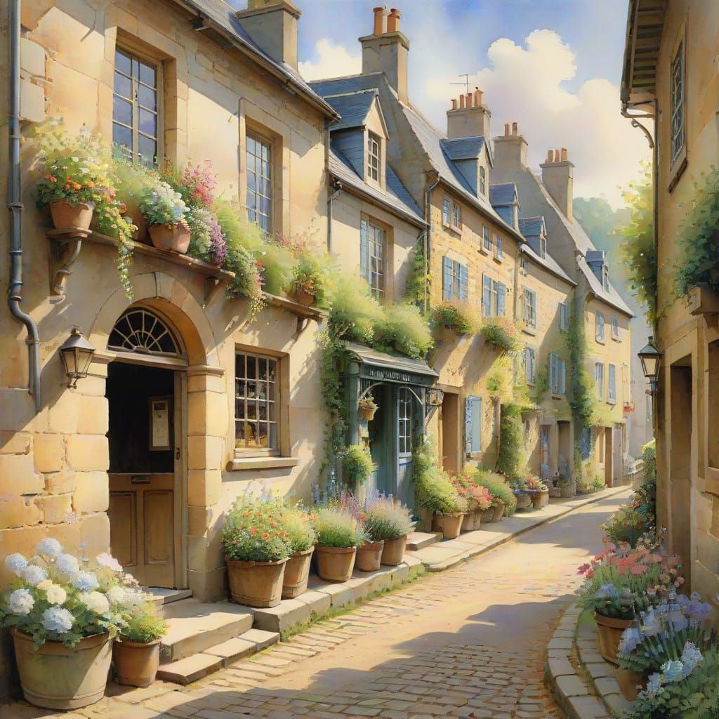 Warm French Village Scene in Watercolor Style
