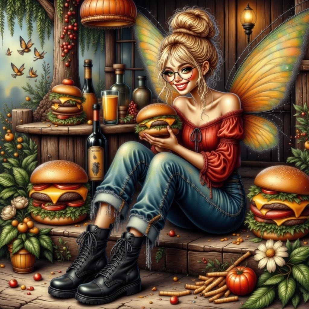 Fairy Enjoys Cheeseburger and Fries