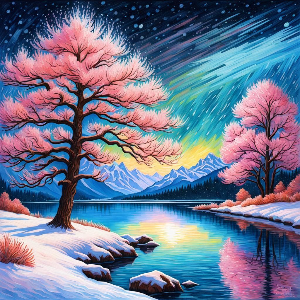 Winter Landscape with Starry Sky in Anime Style