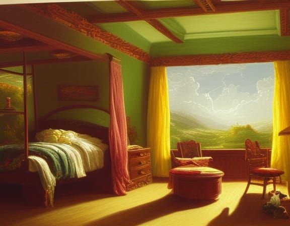 Colorful Cottage Bedroom Interior as Painting