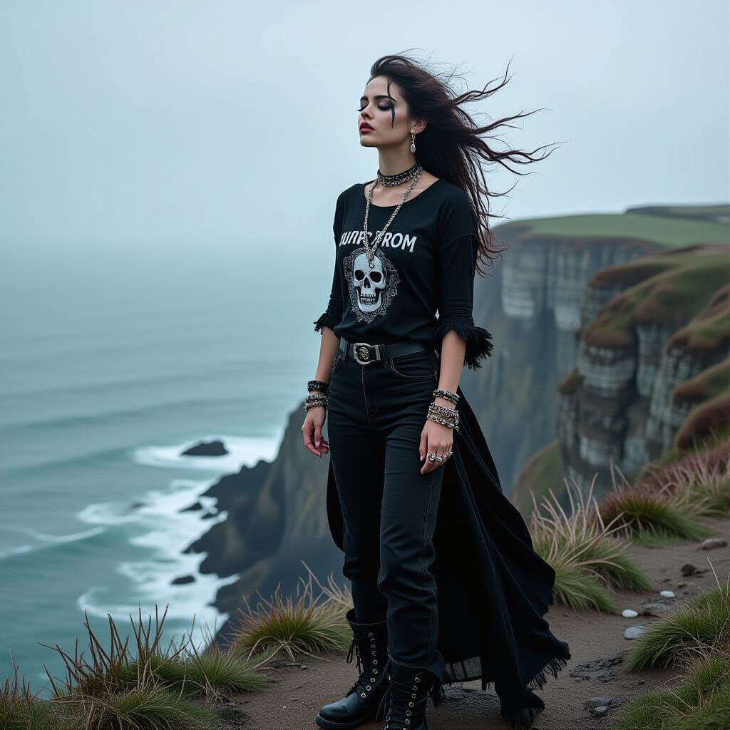 Gothic Woman on Cliff in Dark Romanticism Style