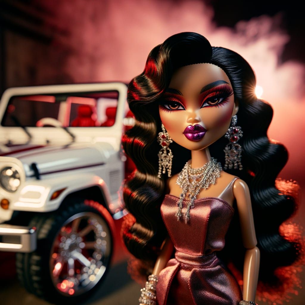 Dramatic Red-Haired Beauty in Chic Outfit and Luxury Jeep