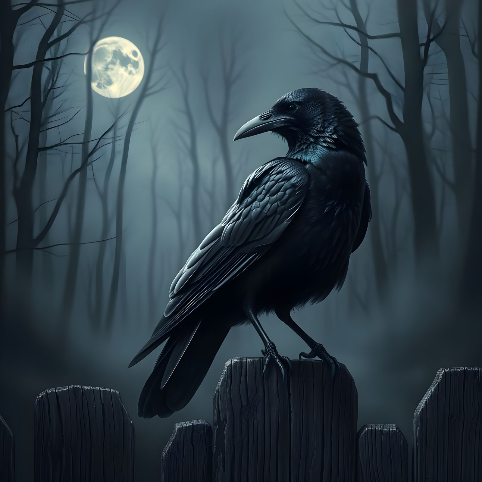 Moonlit Crow Silhouetted on Weathered Fence
