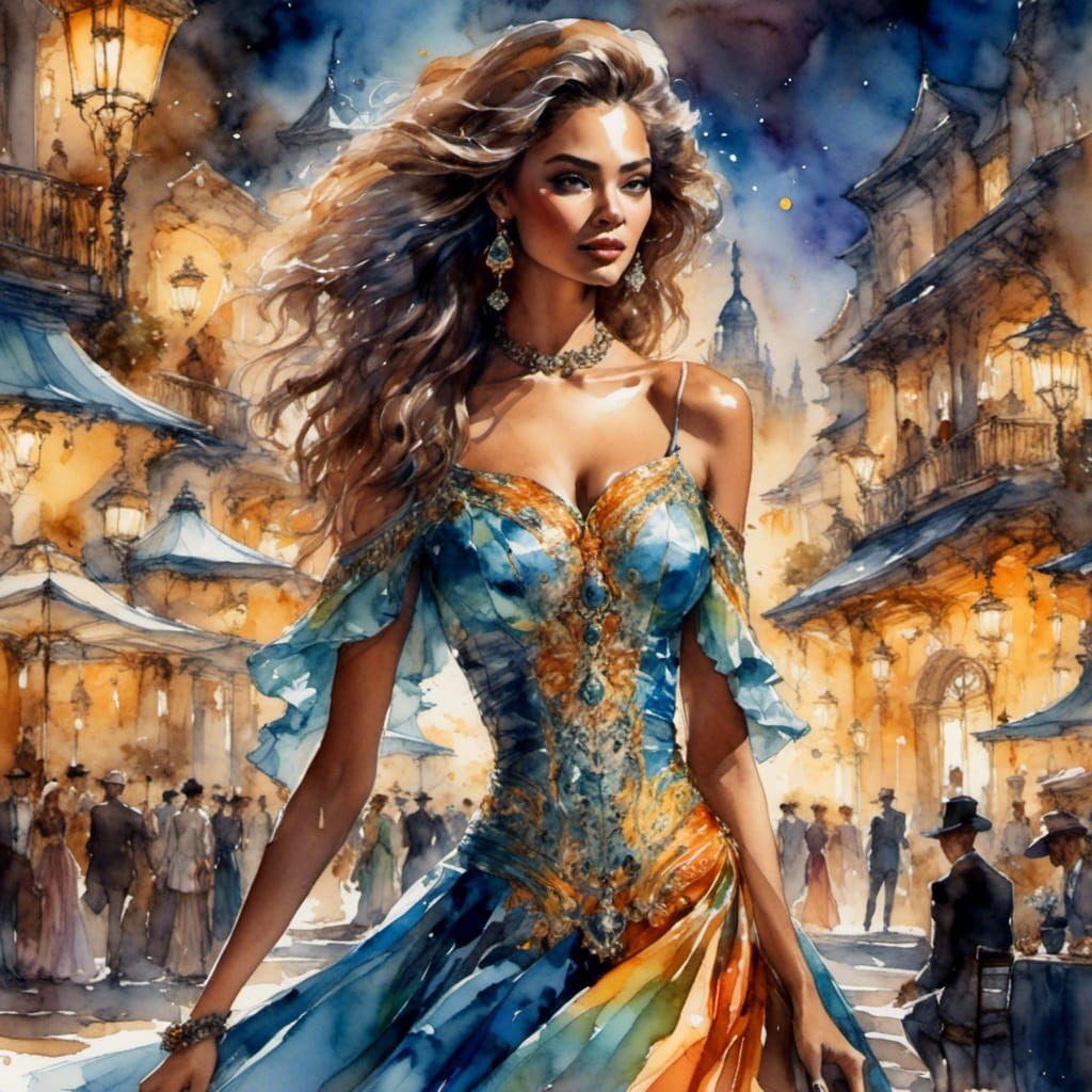 Female Model on Catwalk in Vibrant Oil Painting