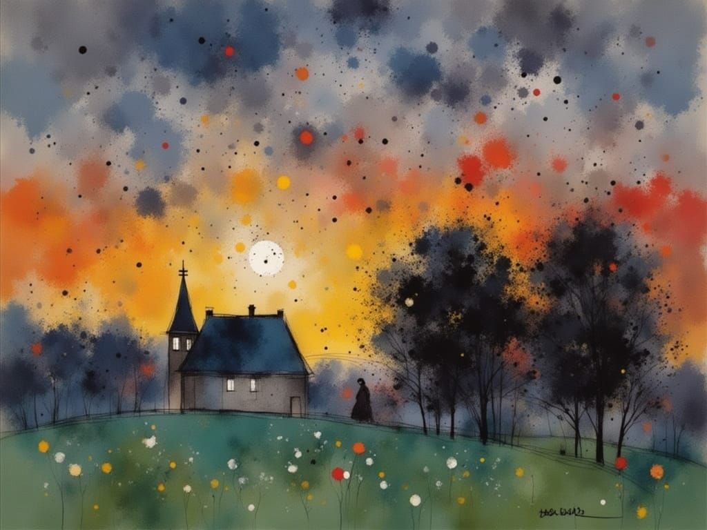 Vibrant Evening Landscape in Charcoal-Inspired Digital Art